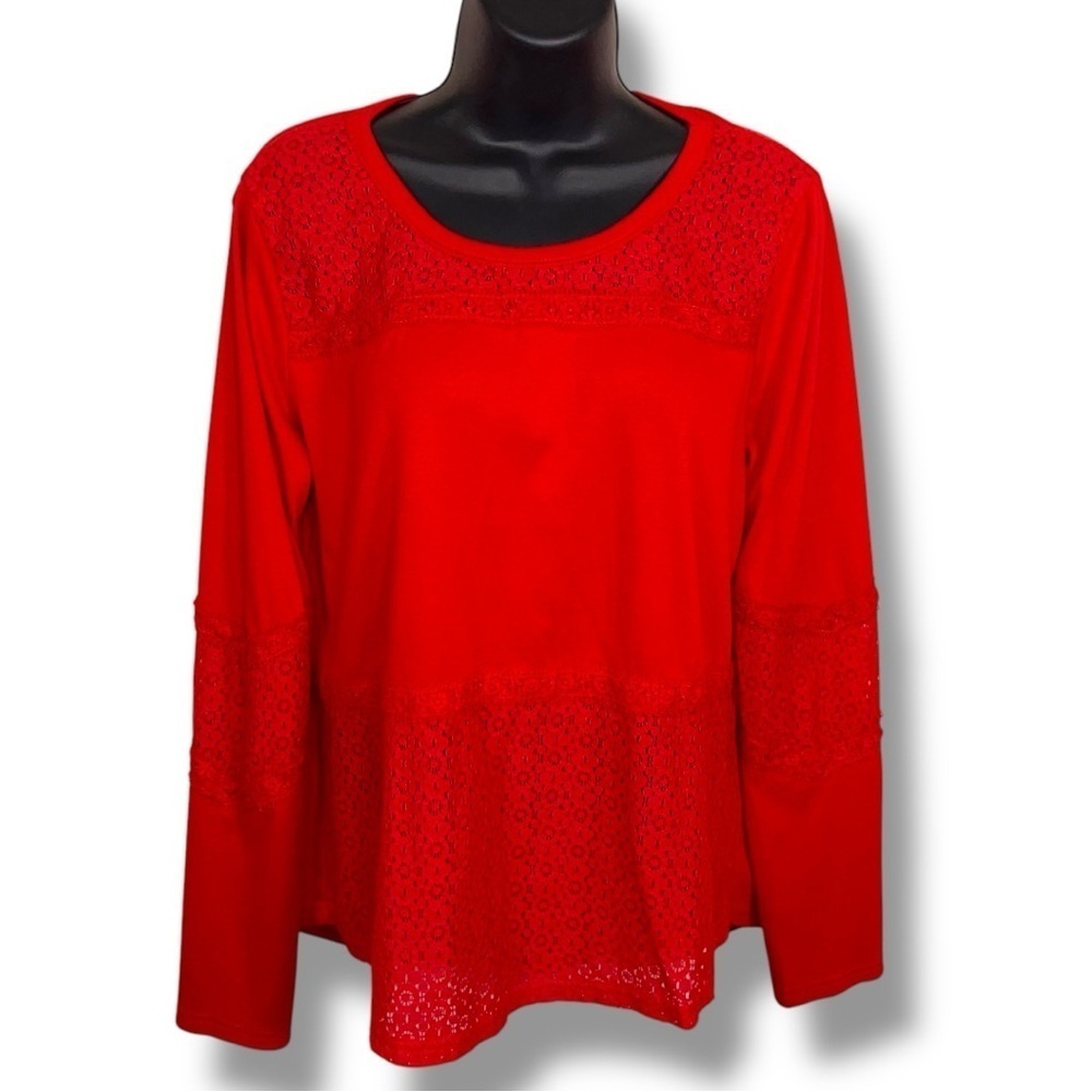 Large Red Embroidered Lace Accent Long Sleeve Top Casual Stretch Vibrant